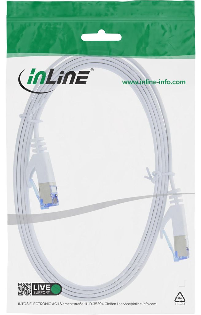 InLine Patchkabel flach, U/FTP, Cat.6A, weiß, 0,5m, 0,5 m, Cat6a, U/FTP (STP), RJ-45, RJ-45, Weiß