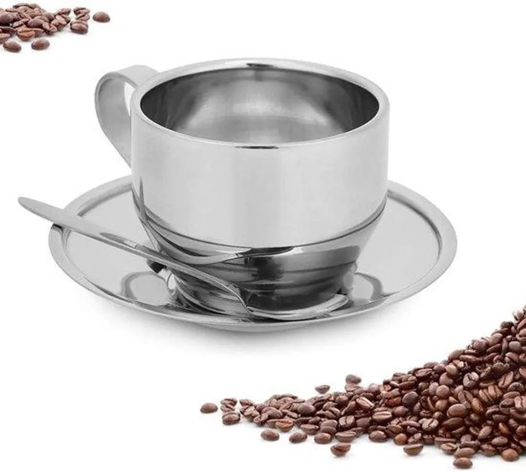 Tasse à espresso en acier inoxydable avec cuillère et soucoupe - 80ml