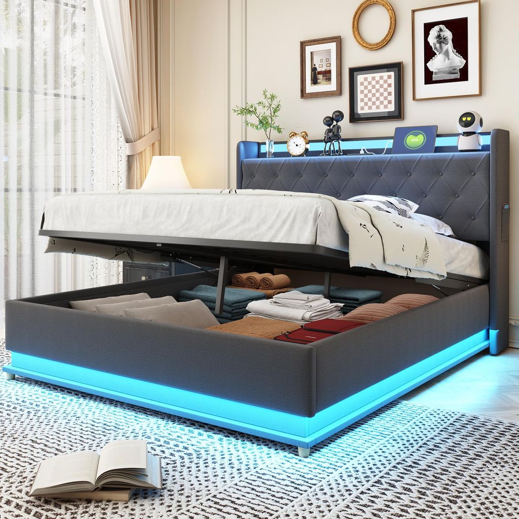 OKWISH Lit Coffre 140x200 cm - Lit Capitonné avec LED et Image du produit 