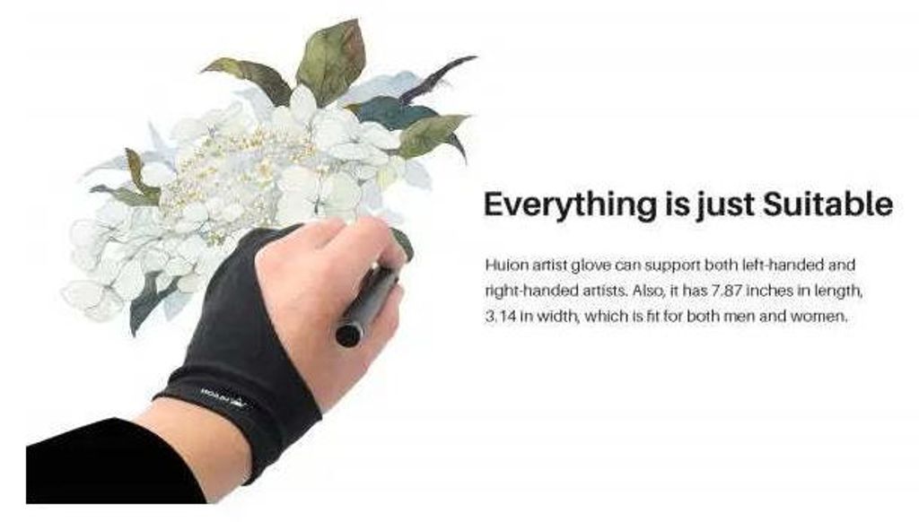 A hand wearing a black artist's glove is holding a stylus, with a watercolor painting of flowers in the background.