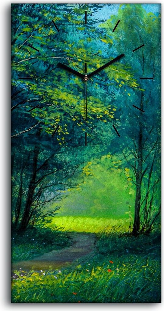 Wandbild Leinwand Bilder mit Uhr 30x60 Ölgemälde Wald Bäume Pfad Blumen - schwarze Hände