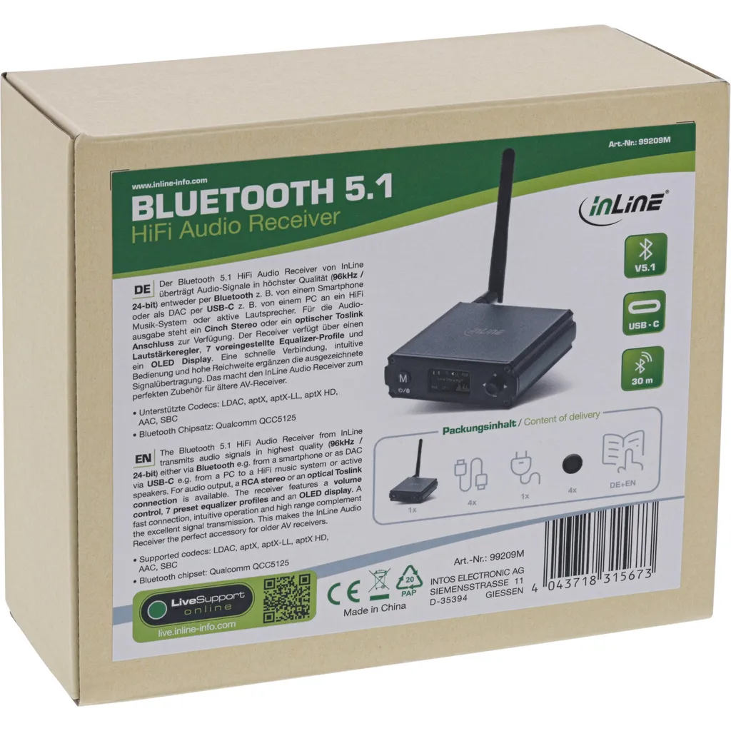 InLine Récepteur HiFi Bluetooth 5.1 et DAC USB avec Écran LCD Intégré