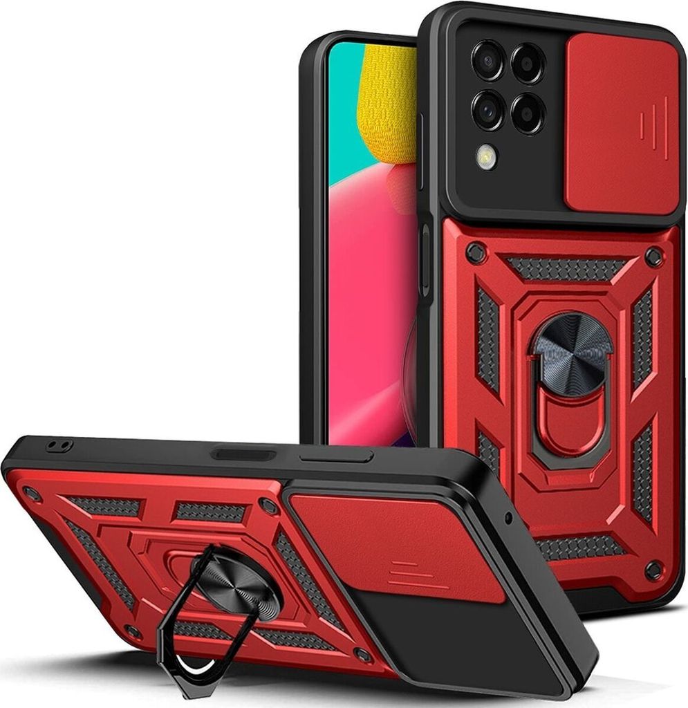 Mobigear Armor Ring Cam Slide Samsung Galaxy M53 Hülle Hardcase Backcover Stoßfest mit Ringhalter - Rot
