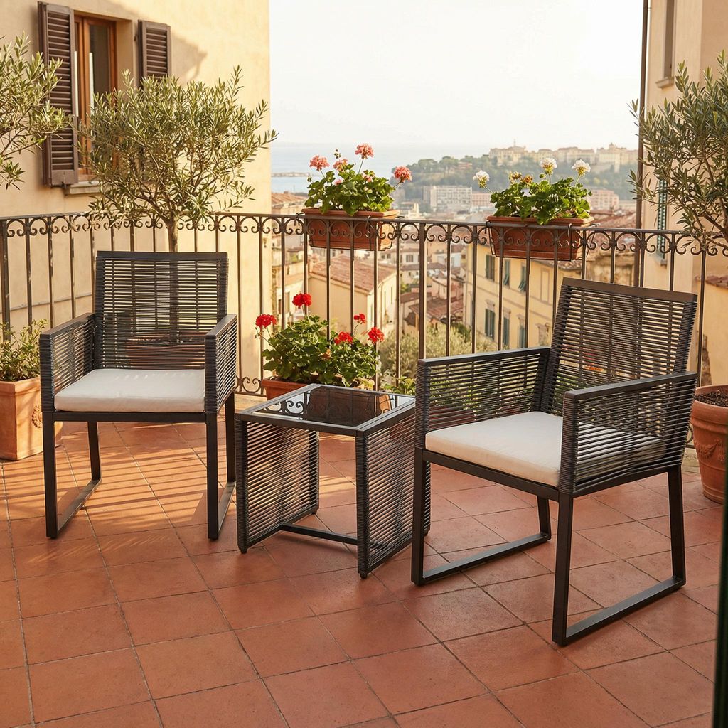 VCM 3-teilig Gartenmöbel Set, 2 Loungesessel mit Auflagen & Tisch 45x45 cm, Metall & Polyrattan Optik, Outdoor geeignet für Balkon & Terrasse - F...