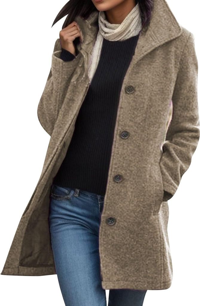 ASKSA Damen Warme Lang Herbst Mantel Locker Trenchcoat Longline Winterjacke Mit Taschen Wollmantel Hemdjacke Wool Coat,Khaki,XL