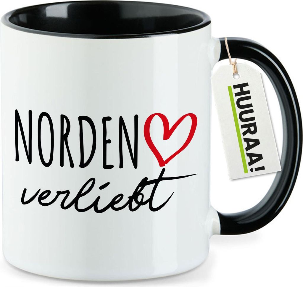 Huuraa Kaffeetasse Norden verliebt 330ml Schwarz Keramik Kaffeebecher Geschenkidee