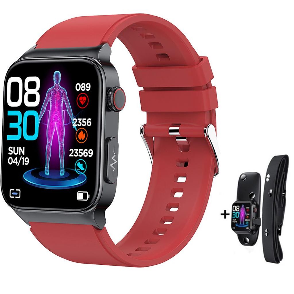 A smartwatch with a red strap is displayed on a white background, with a smaller accessory shown to the right.