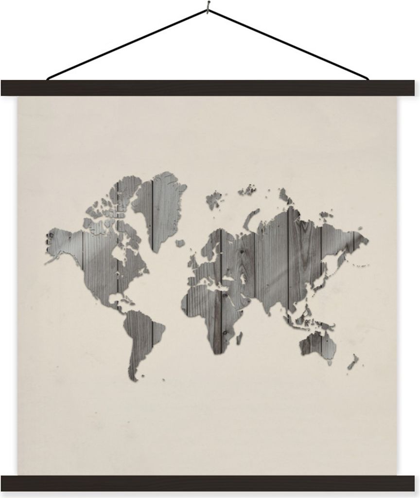 MuchoWow Textilposter Weltkarte - Holz - Grau 90x90 cm mit schwarzem Rahmen - Magnetisches