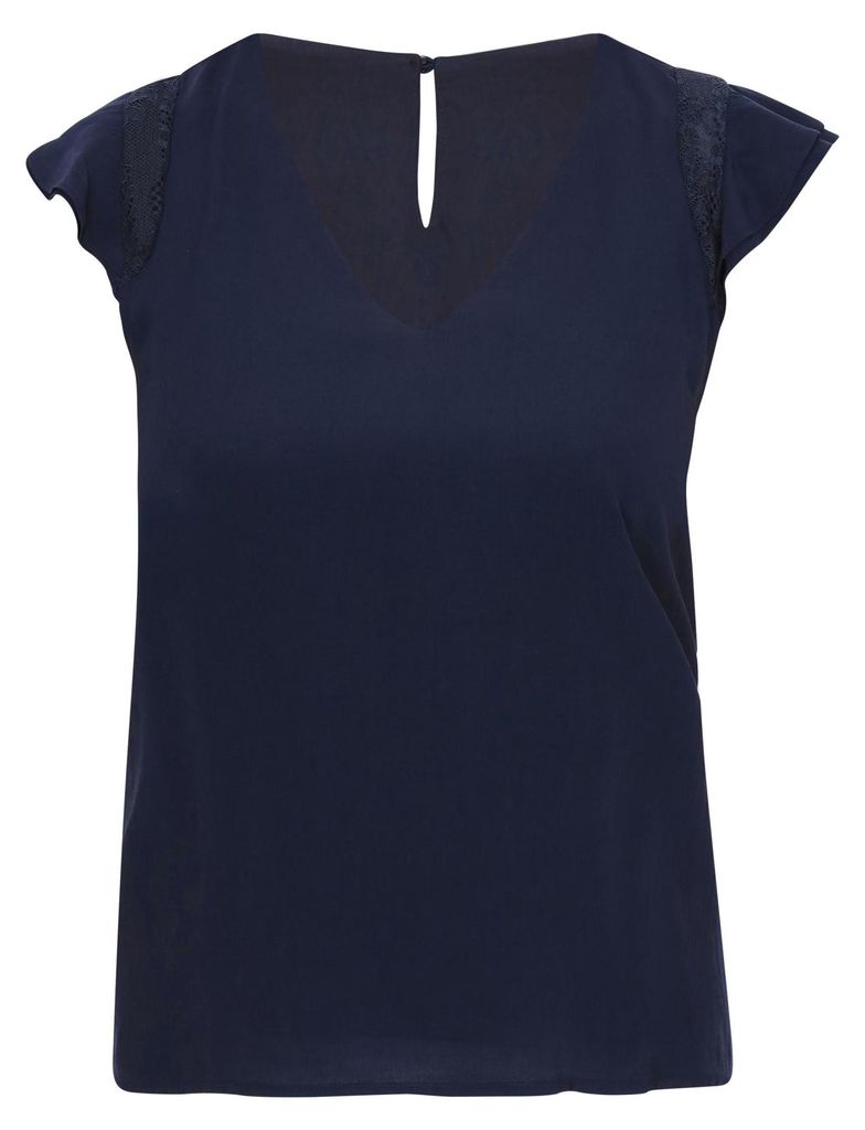 Damen Spitzenbluse aus Webstoff, reguläre Passform, blau, XL, V-Ausschnitt, kurze Ärmel, Rüschen