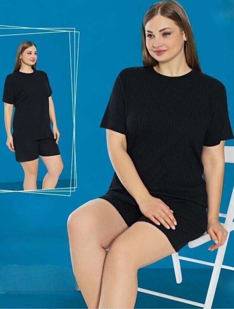 Damen Pyjama Schwarz XXL Shorty Kurz 2-Teiler Set Baumwolle C-93