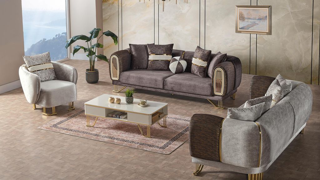 Sofagarnitur 3+3+1 Sitzer Wohnzimmer Set Komplett Textil Sofa Sessel Holz Neu