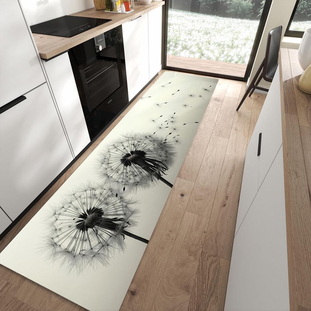Küchenteppich 80x300cm rutschfest & abwischbar PVC Läufer - Pusteblume Schwarz
