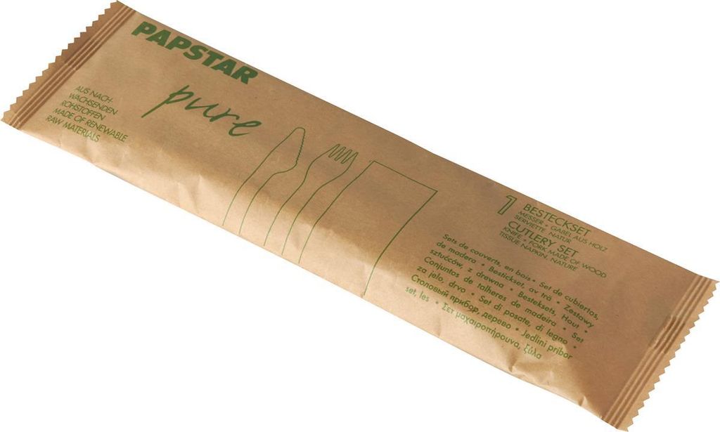 A single package of disposable cutlery, likely made of wood, on a white background.