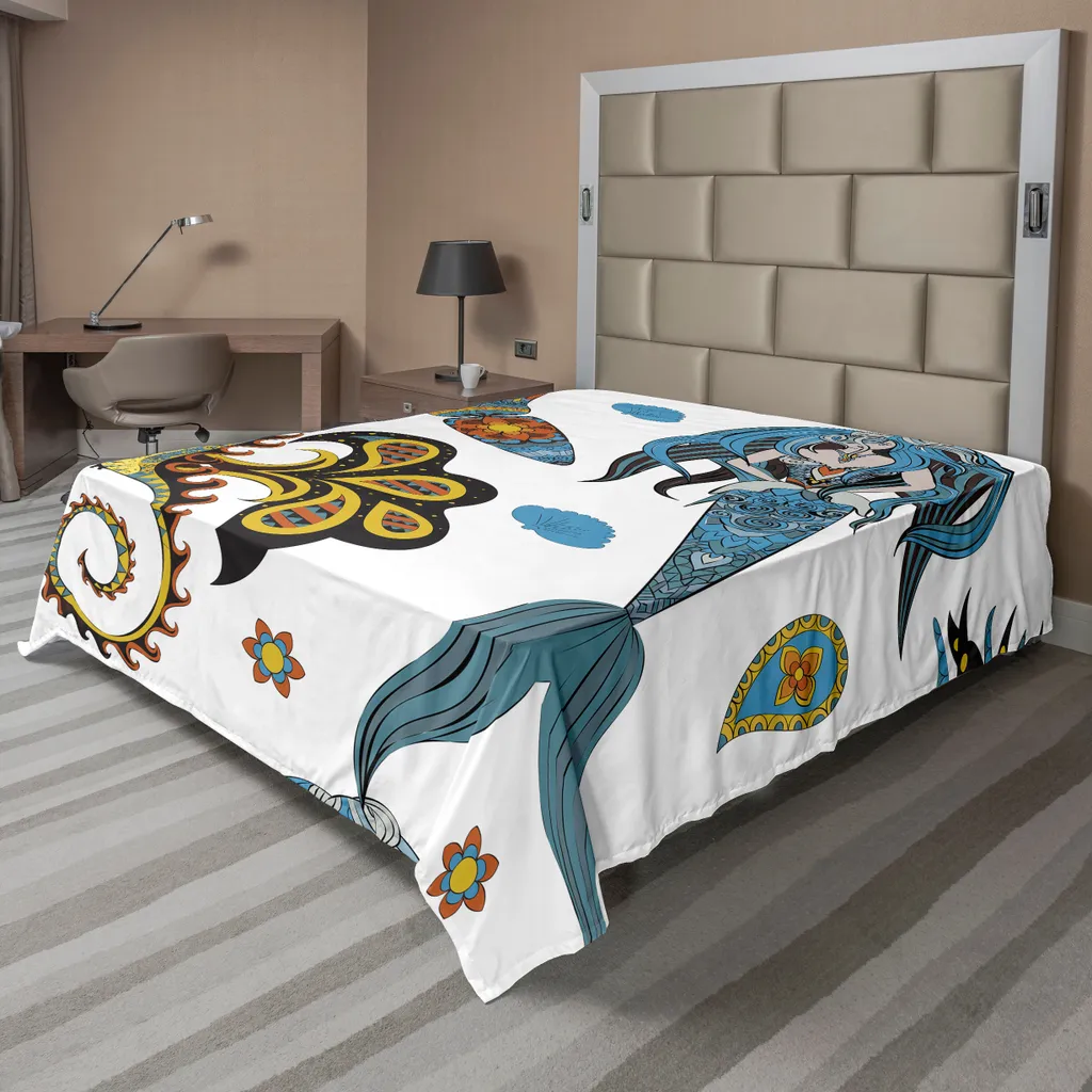 Drap de Lit Supérieur Motif Sirène Artistique 260x228 cm Doux et Déco