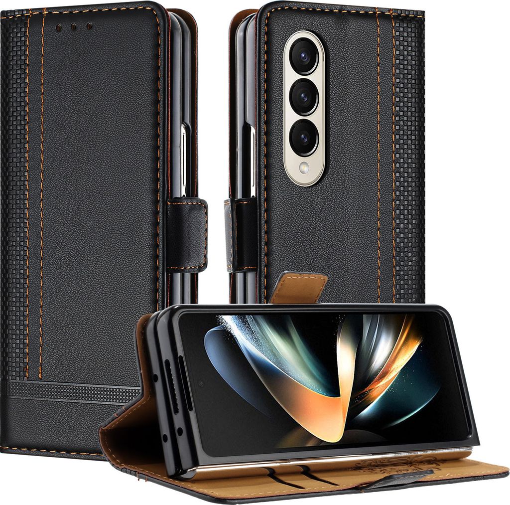 Handyhülle für Samsung Galaxy Z Fold 4 5G Leder Flip Klappbare Schutzhülle mit Standfunktion Schwarz