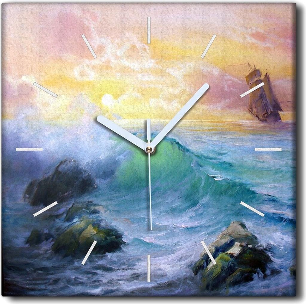 Coloray Uhr auf Leinwand 30x30 cm Wand Uhr Dekoration Wohnzimmer Segeltuch weiße Zeiger -Meer-Ozean-Schiff.