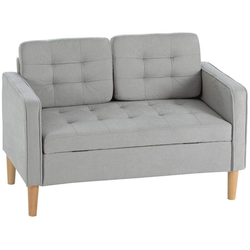 A light gray loveseat sofa with tufted cushions and wooden legs is shown against a white background.