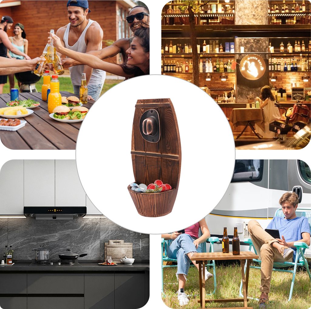 Flaschenöffner aus Holz, Wandmontierter Bierflaschenöffner, Leicht zu reinigen Flaschenöffner mit Kappensammler