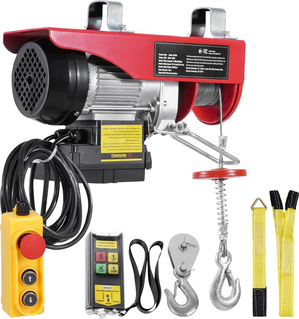 A red electric hoist with various accessories, including remote controls and straps, is displayed against a white background.
