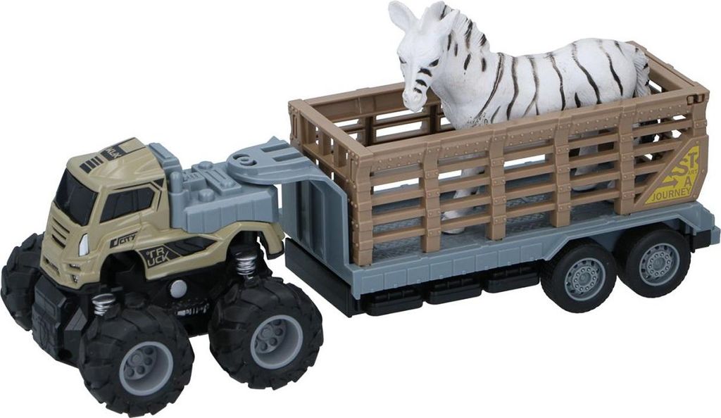 2 in 1-Spielzeug Tiertransporter mit Zebra, Zugmaschine mit Friktionsantrieb und Anhänger mit Gatter