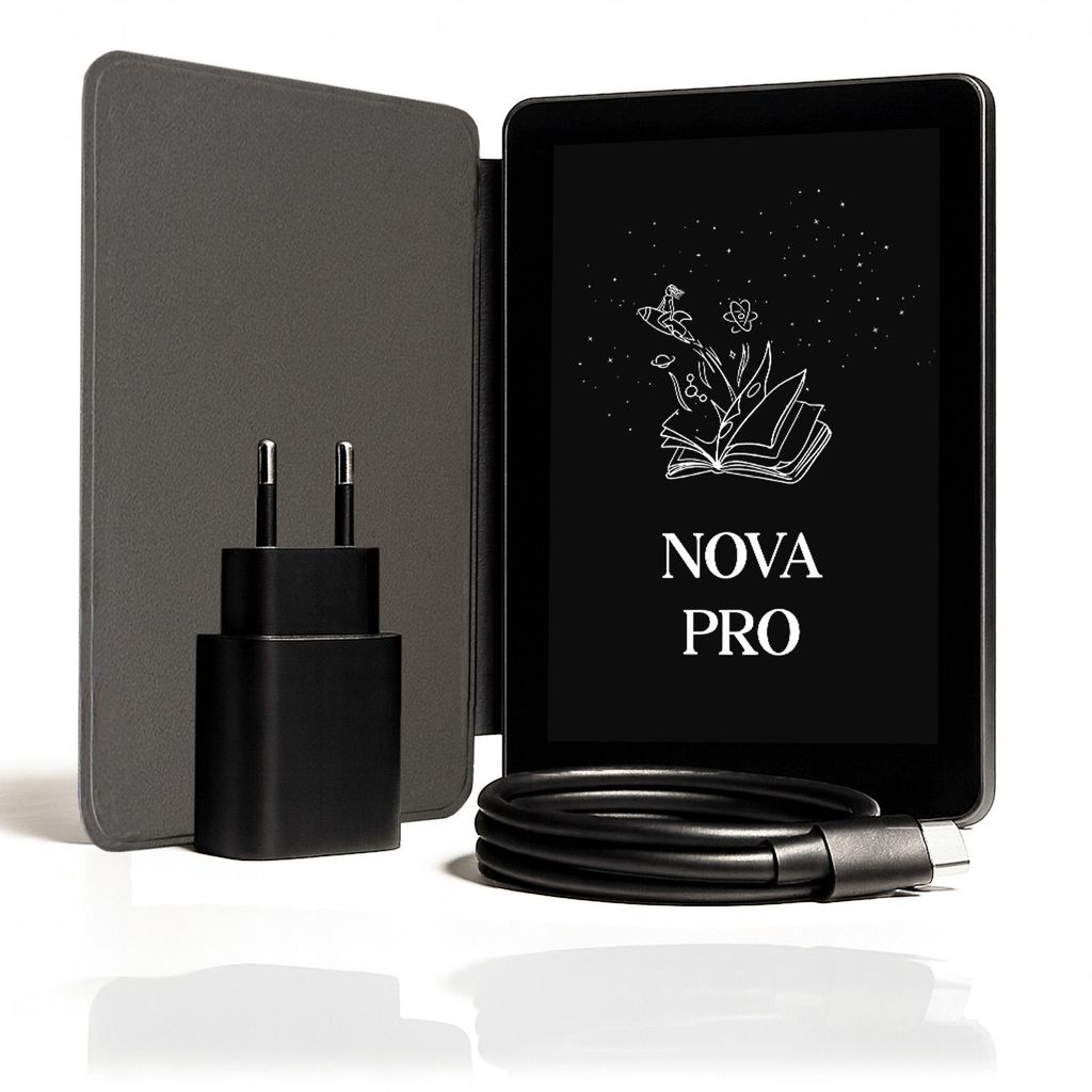 An e-reader, charger, and cable are displayed on a white background.