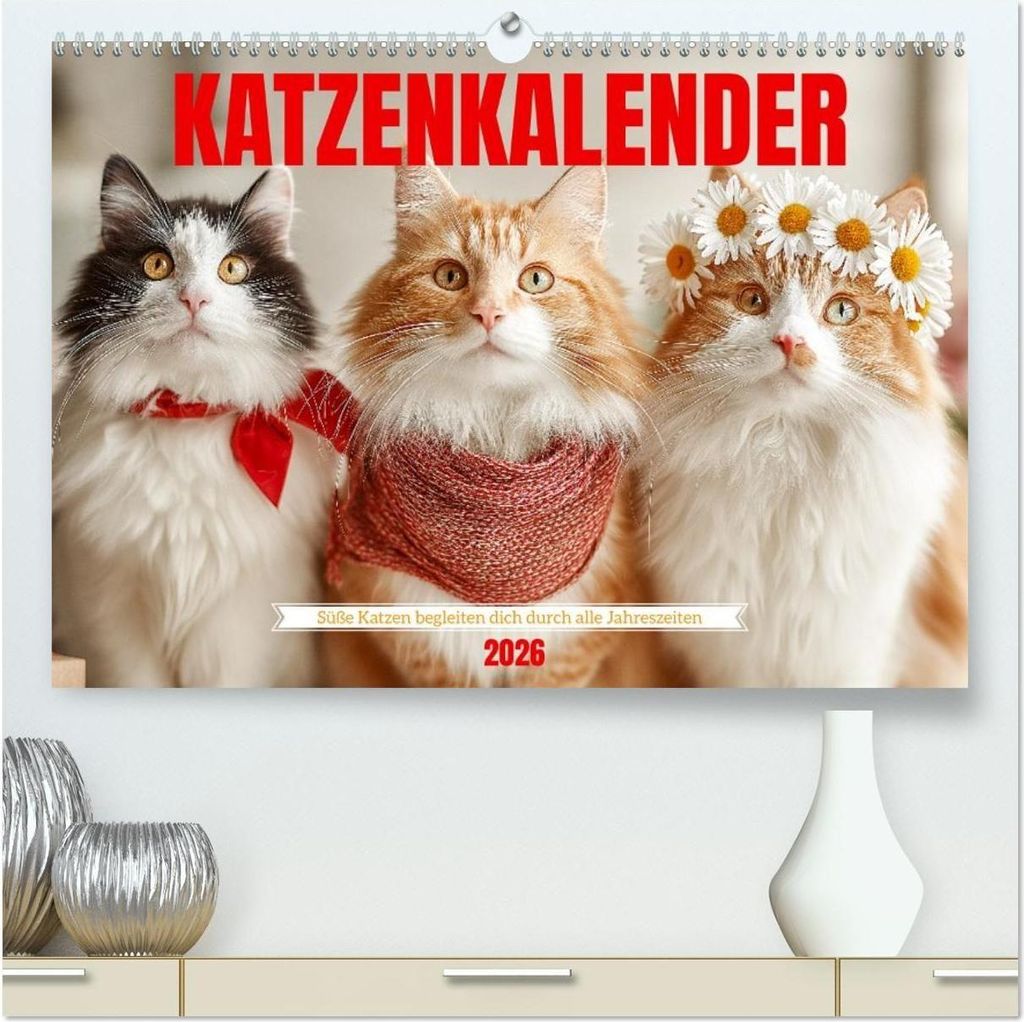 Katzenkalender - Süße Katzen begleiten dich durch alle Jahreszeiten (hochwertiger Premium Wandkalender 2026 DIN A2 quer), Kunstdruck in Hochglanz