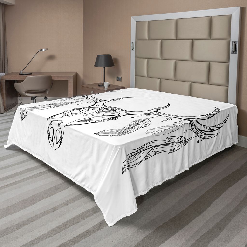 ABAKUHAUS Geweih Bettlaken, Illustration Eines Rotwild Schädels Mit Den Geweihen Und Federn Boho Muster Stammes, weiches bequemes oberes Bettlaken...