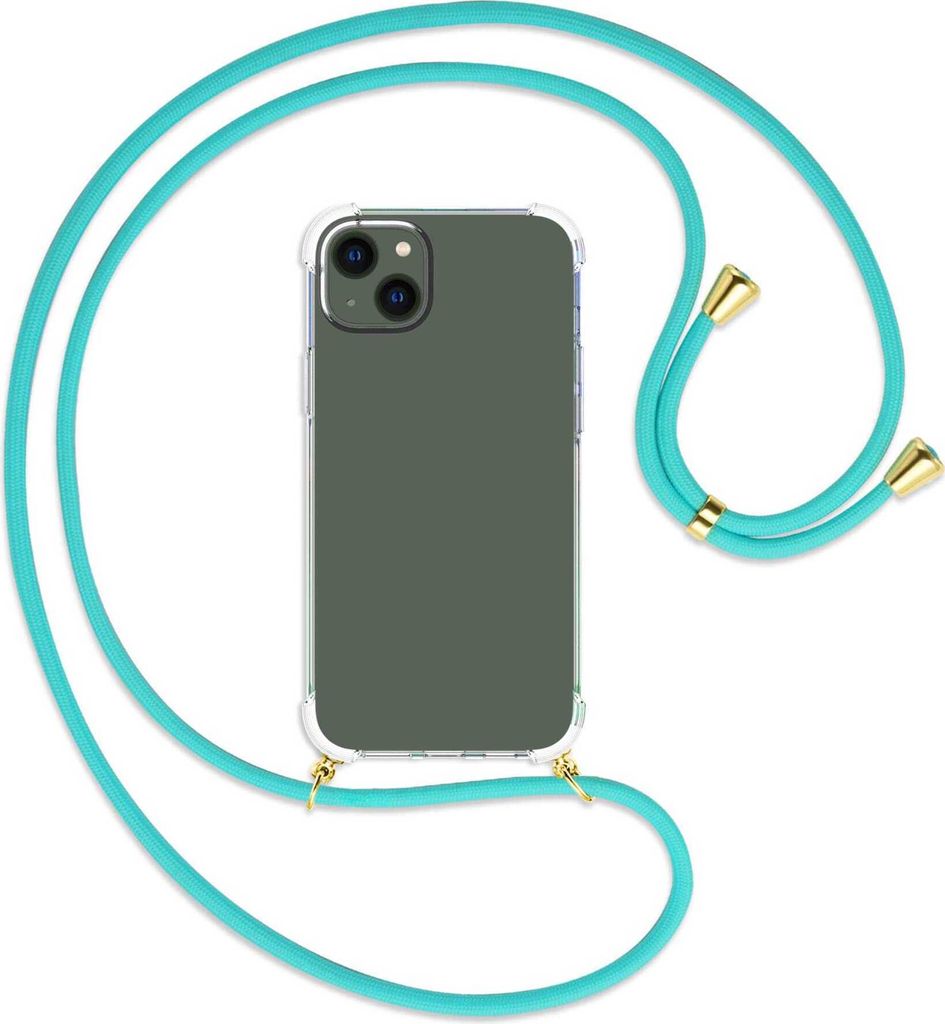 Handykette Backcover-Schutzhülle mit Band (Metall goldfarben) für Apple iPhone 14 Plus (6.7'') - türkis