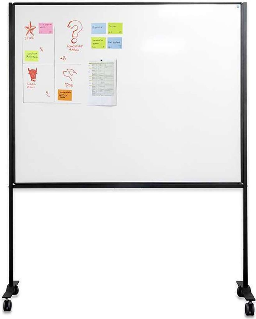 Magnetisches doppelseitiges Whiteboard für intensive Nutzung | HxB 120x150cm | inkl. schwarzer Stahlrahmen & 4x Rollen | Emaillierter Stahl | Schw...