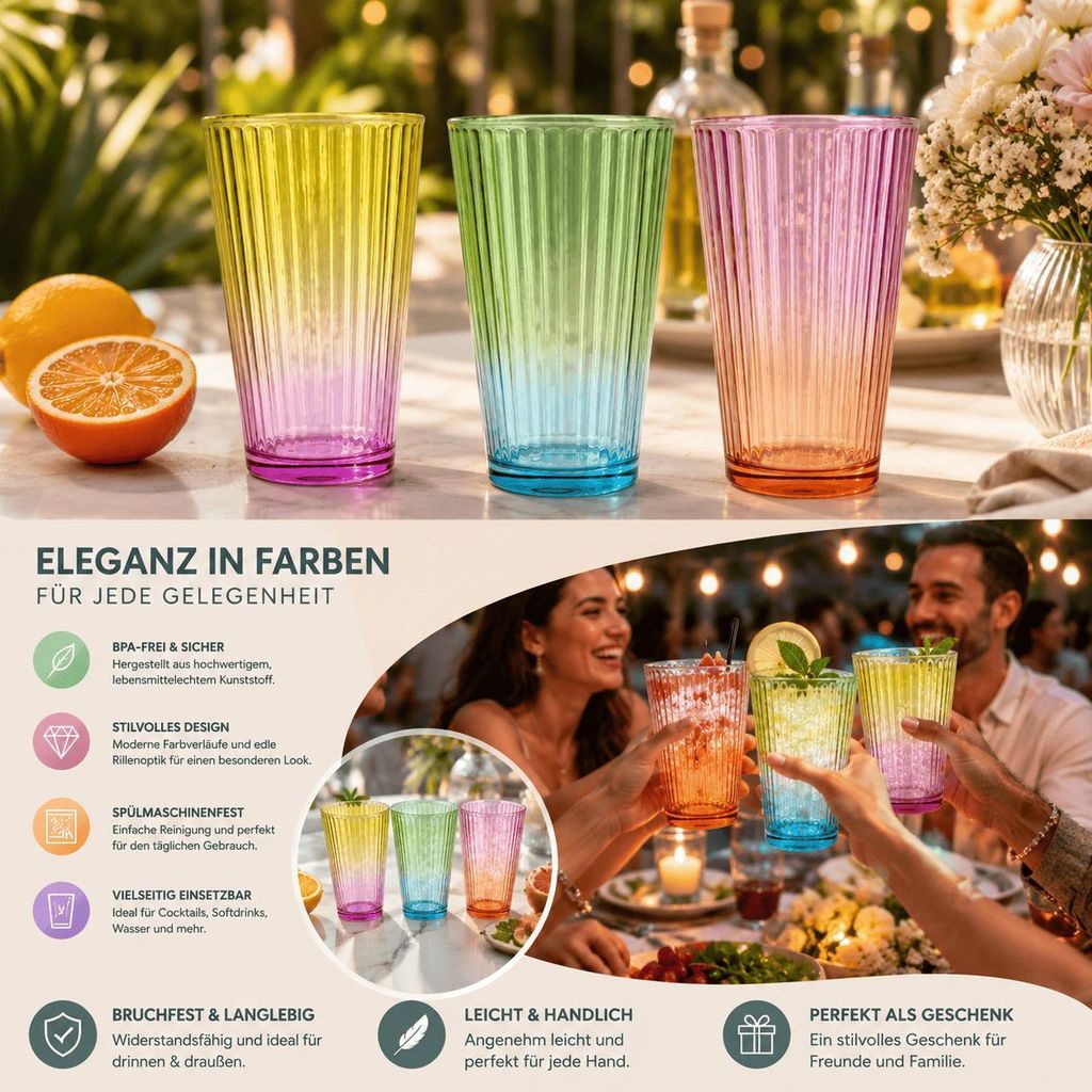 6 Trinkgläser Bunt Gläser Set Wassergläser Wasserglas