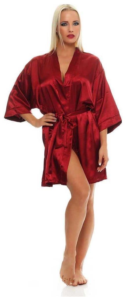 Damen Morgenmantel kurzer Kimono in Satin-Optik; Weinrot L Produktbild 