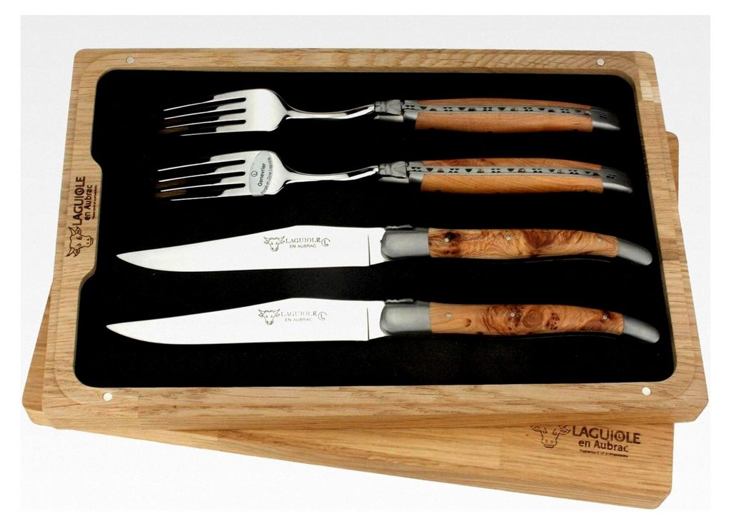 Laguiole en Aubrac - Set mit 2 Steakmessern und 2 Gabeln - Griff aus Wacholderholz - Original aus Frankreich mit Zertifikat