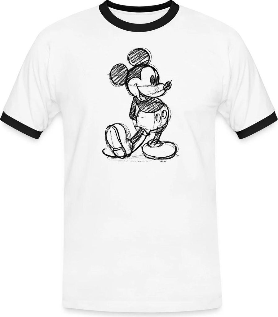 Mickey & Minnie Zeichnung Männer Kontrast T-Shirt, S, Weiß/Schwarz