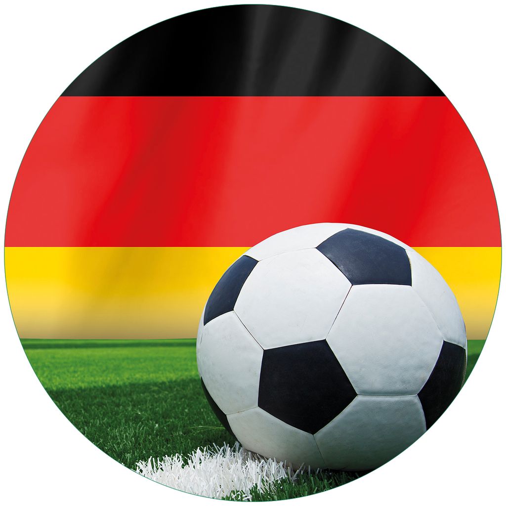 Wallario Premium Glasbild, freischwebende Optik, kräftige Farben, rund 50cm Durchmesser, Motiv Fußball vor einer Deutschlandflagge