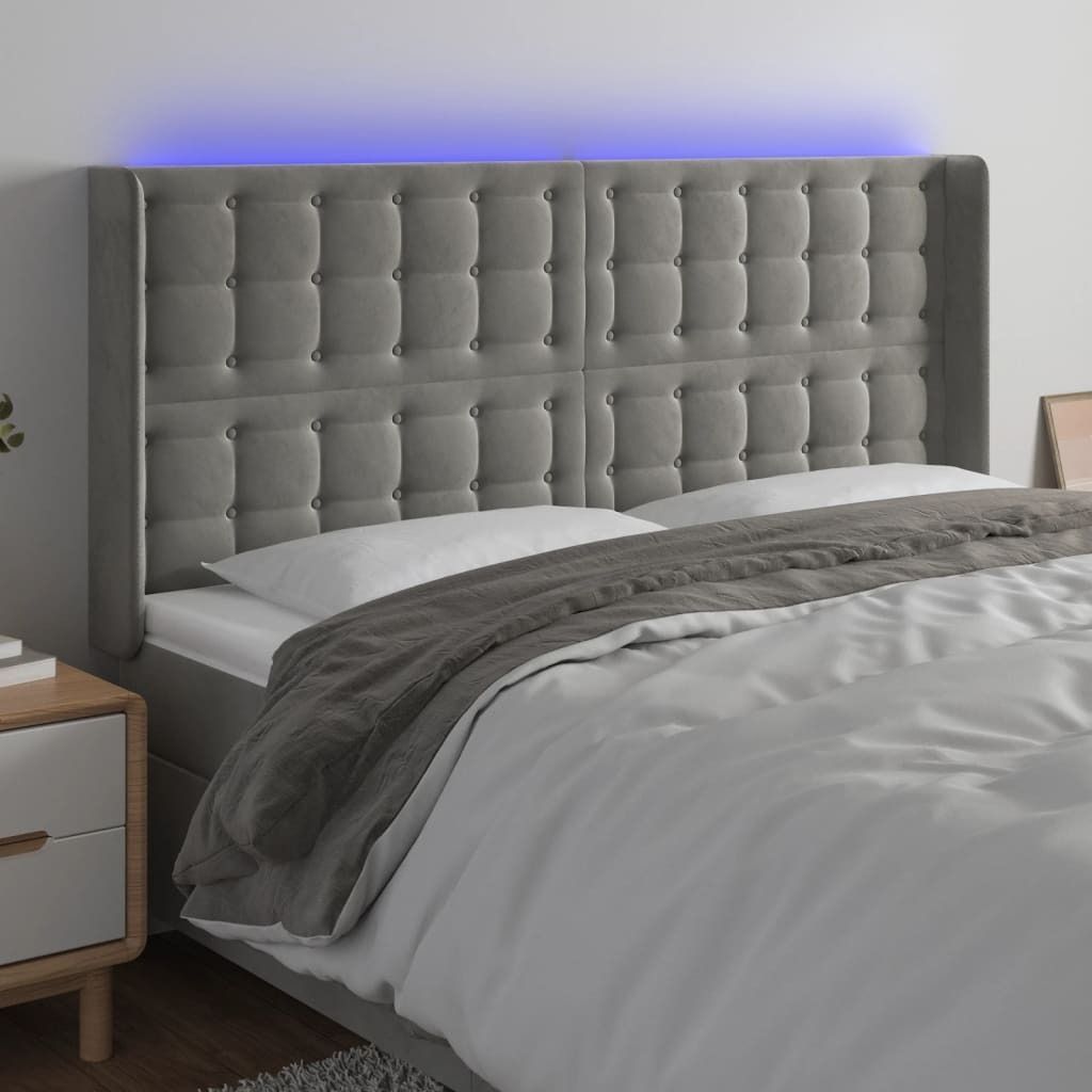 The Living Store LED Kopfteil Hellgrau 203x16x118/128 cm Samt