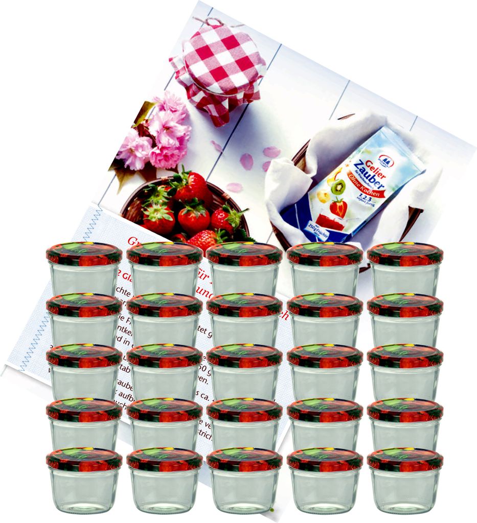 A collection of small glass jars with patterned lids, along with a packet of jam-making ingredients and some strawberries.