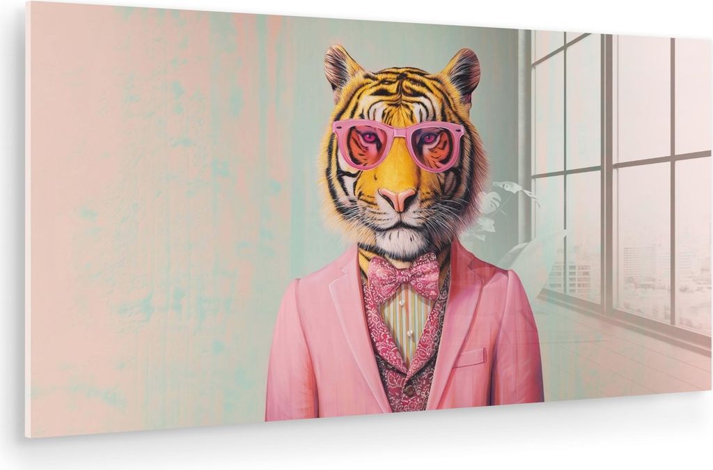 MuchoWow Glasbilder - Bilder auf Wandbild - Foto auf Glas Tiger - Fliege - Jacke - Rosa 40x20 cm Wanddekoration aus Glas - Acrylglasbild - Acrylbil...