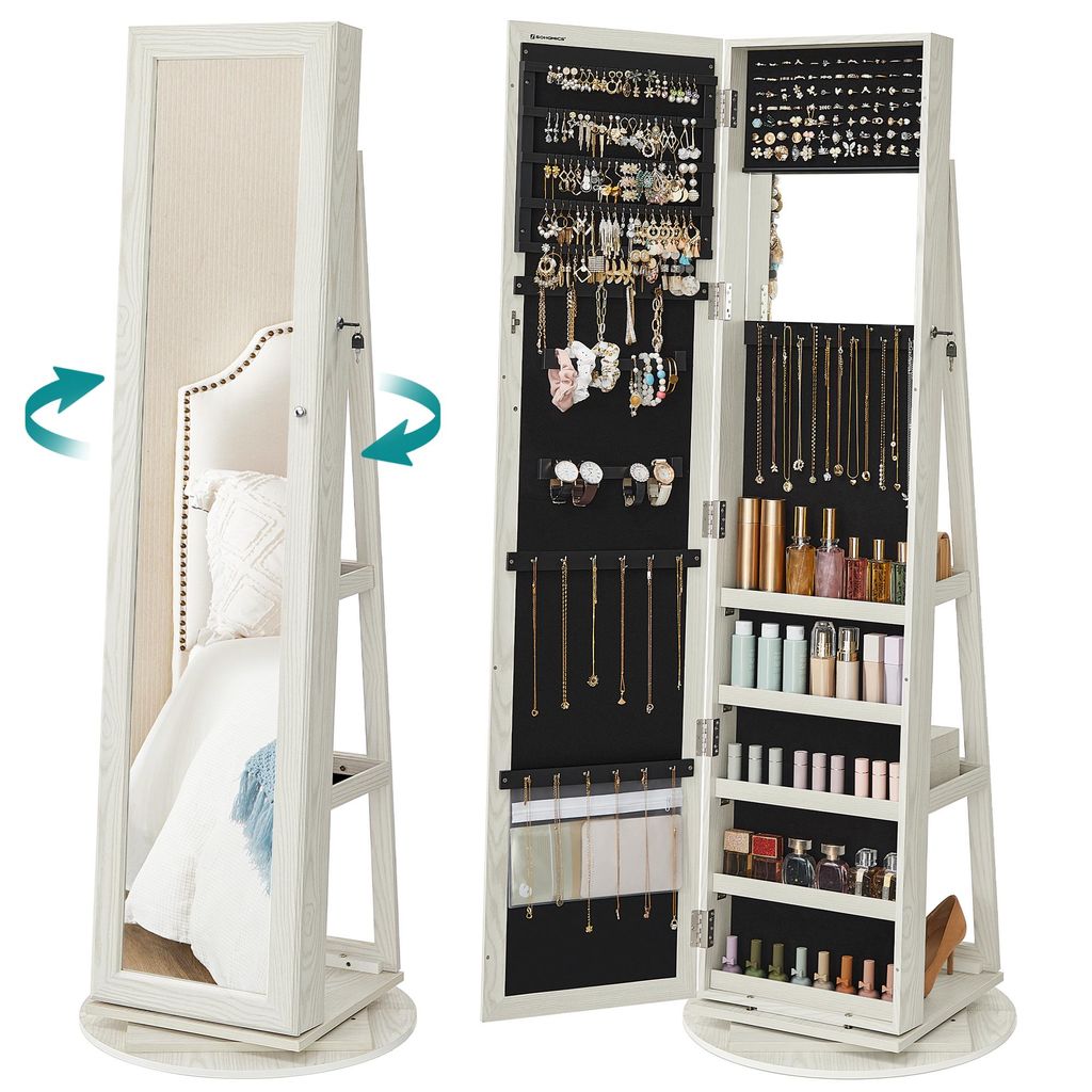 A white jewelry cabinet with a full-length mirror on the left and storage compartments on the right, shown from a slightly angled perspective.