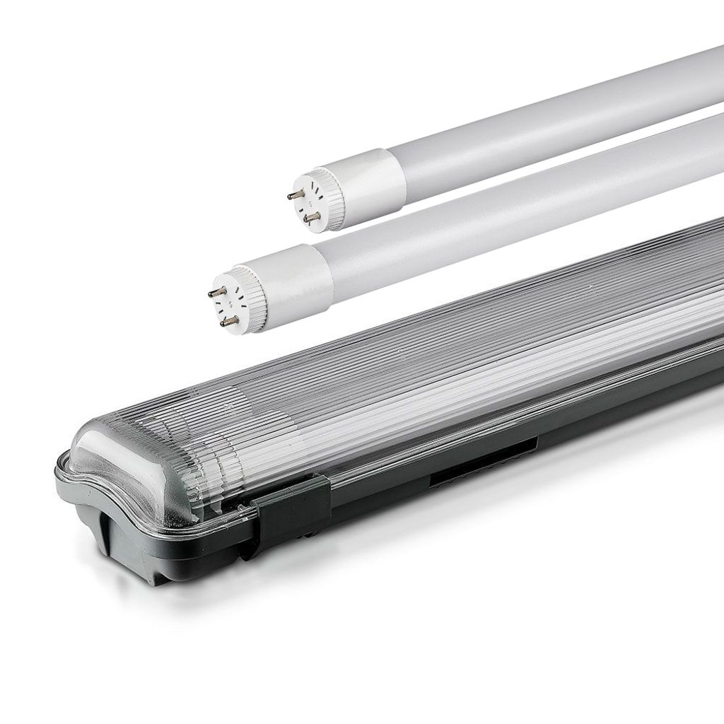 Two LED tubes and a waterproof light fixture are shown against a white background.
