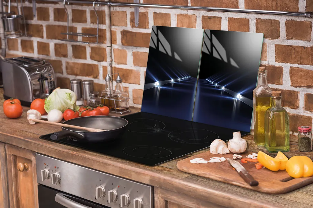 TMK Copri Piano Cottura In Vetro Temperato, 2 Pezzi, 30x52 Cm, Paraschizzi E Tagliere, Resistente Al Calore, Con Piedini In Silicone, Stampa Decorativa, Per Cucina
