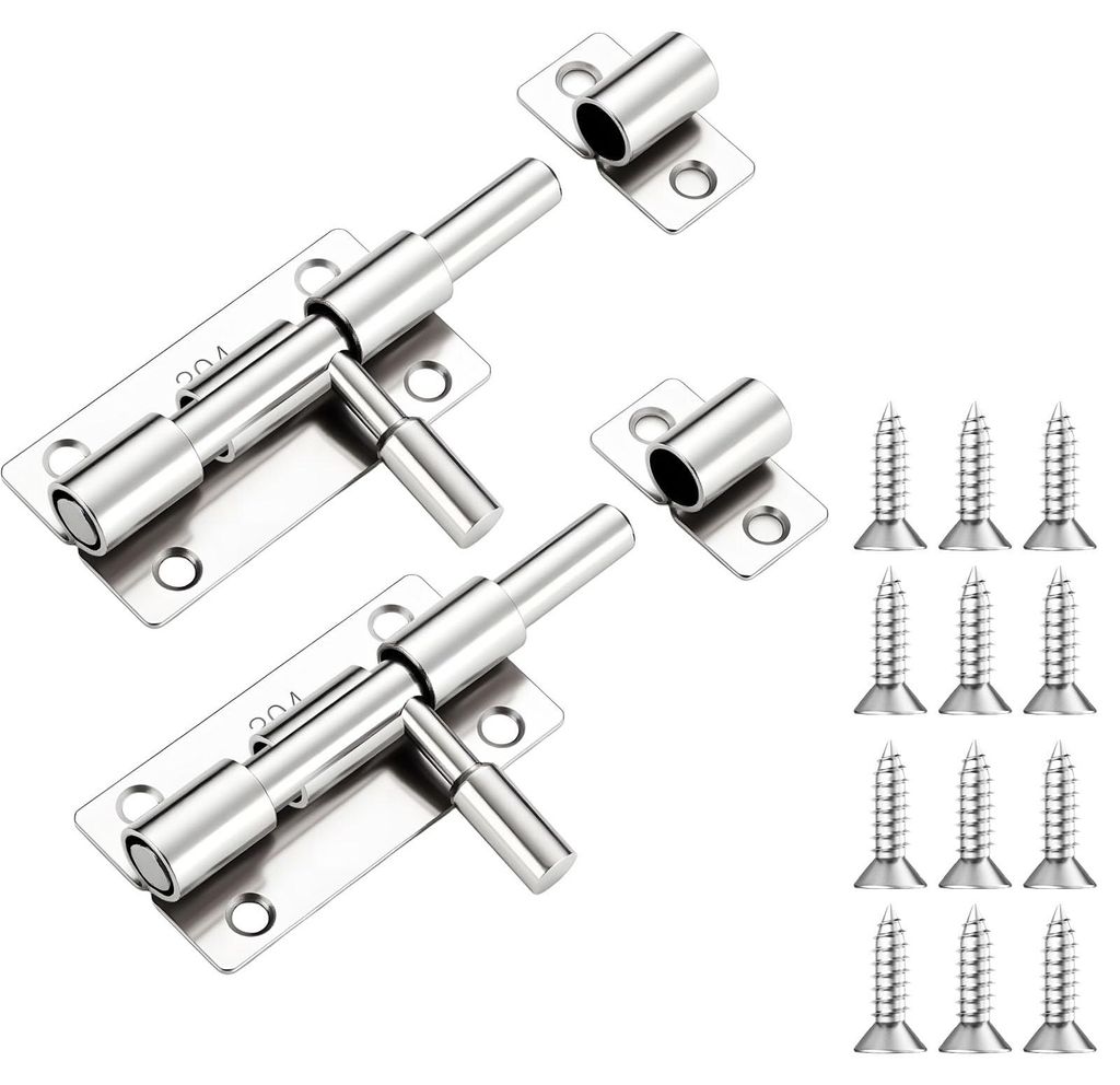 2 Türschlösser aus Edelstahl, Riegel, Riegelschlösser mit Schrauben, kleines Riegelschloss 100 mm lang für Tore, Fenster, Schlafzimmer, Gartent...