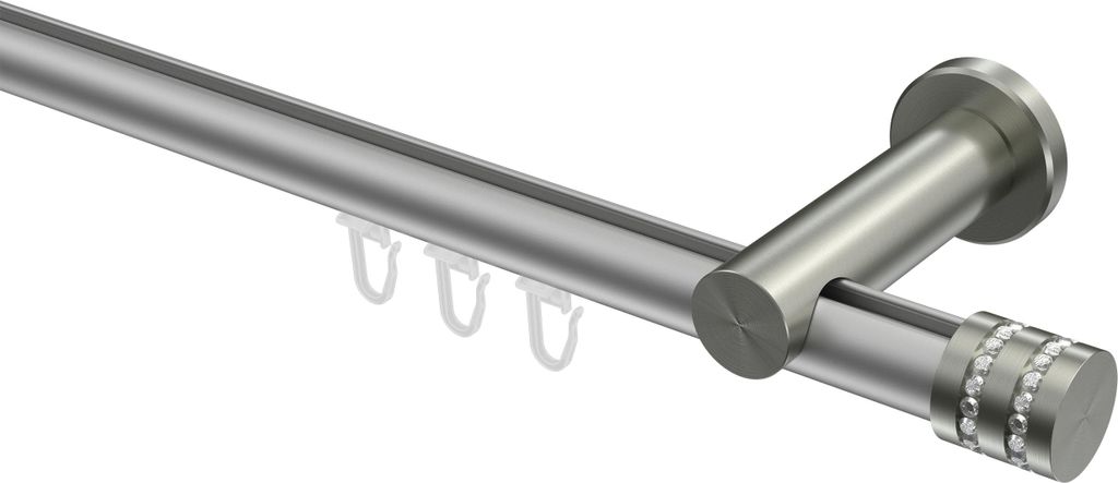 Interdeco Innenlaufstange / Gardinenstange mit Innenlauf Silbergrau / Edelstahl-Optik, Typ Platon Estana (Glitzerkappe), 20 mm Ø 1-läufig, 280 cm