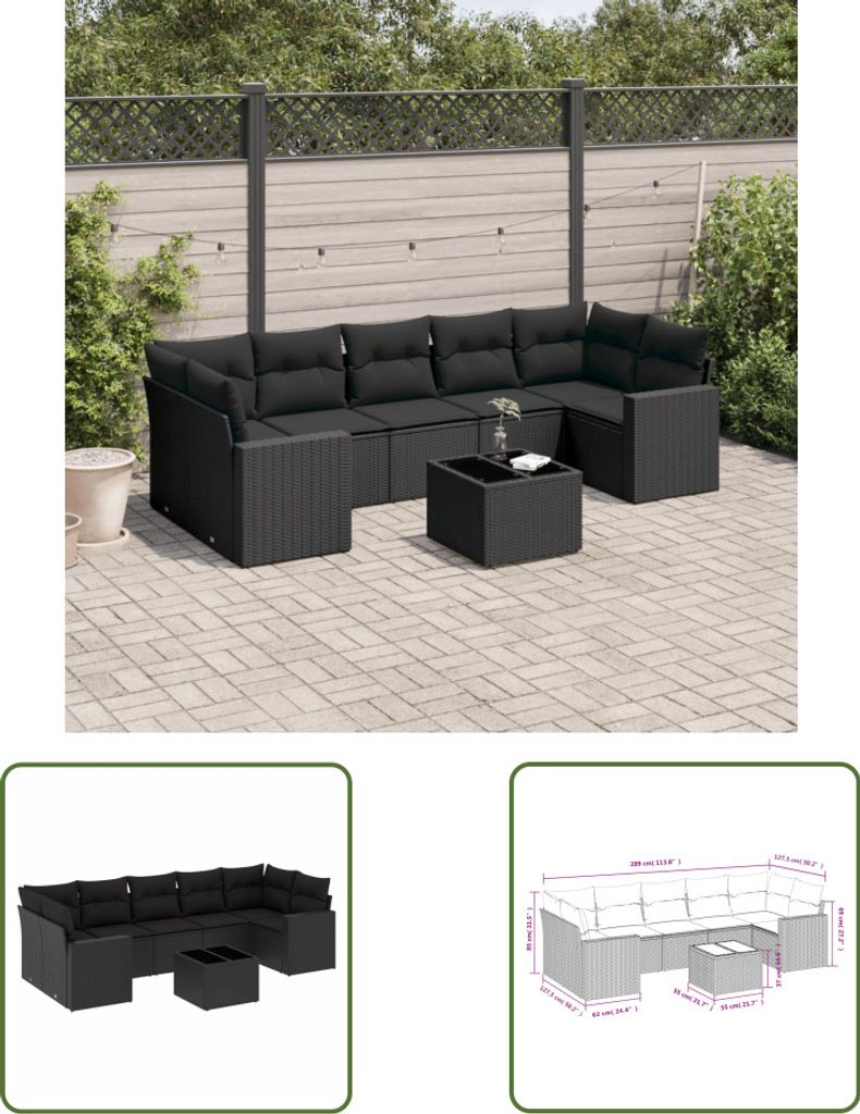 The Living Store 8-tlg. Garten-Sofagarnitur mit Kissen Schwarz Poly Rattan