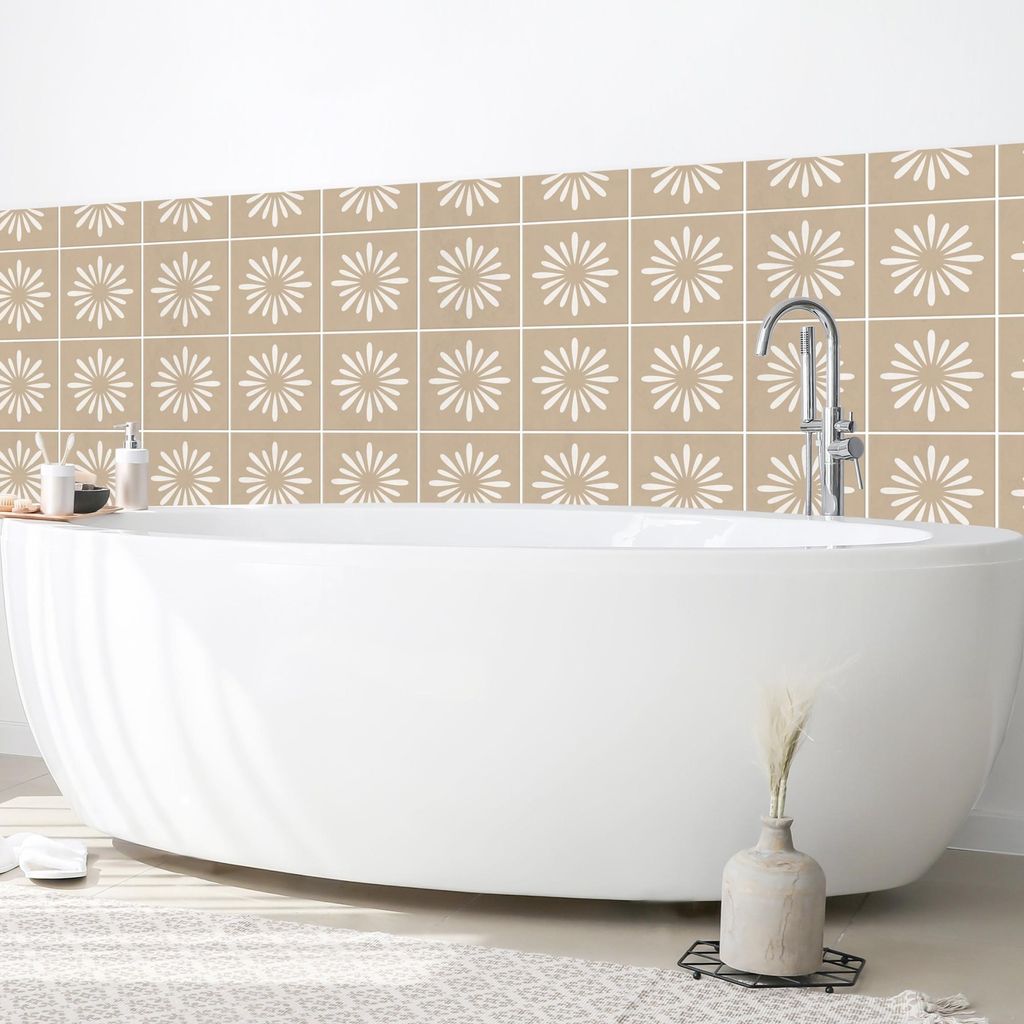 Wandverkleidung Bad Muster selbstklebend - 0.61 mm Wandpaneel matt wasserfest Blumenmuster beige Fliesenoptik Badrückwand fugenlos 100x70 cm