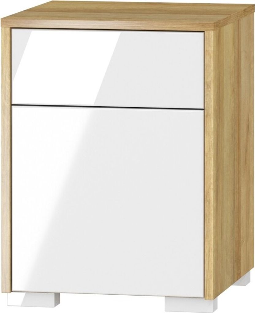 Furniture24 Nachttisch THEO THN-1 Nachtschrank Container mit Schublade und Tür Riviera Eiche Weiß Hochglanz