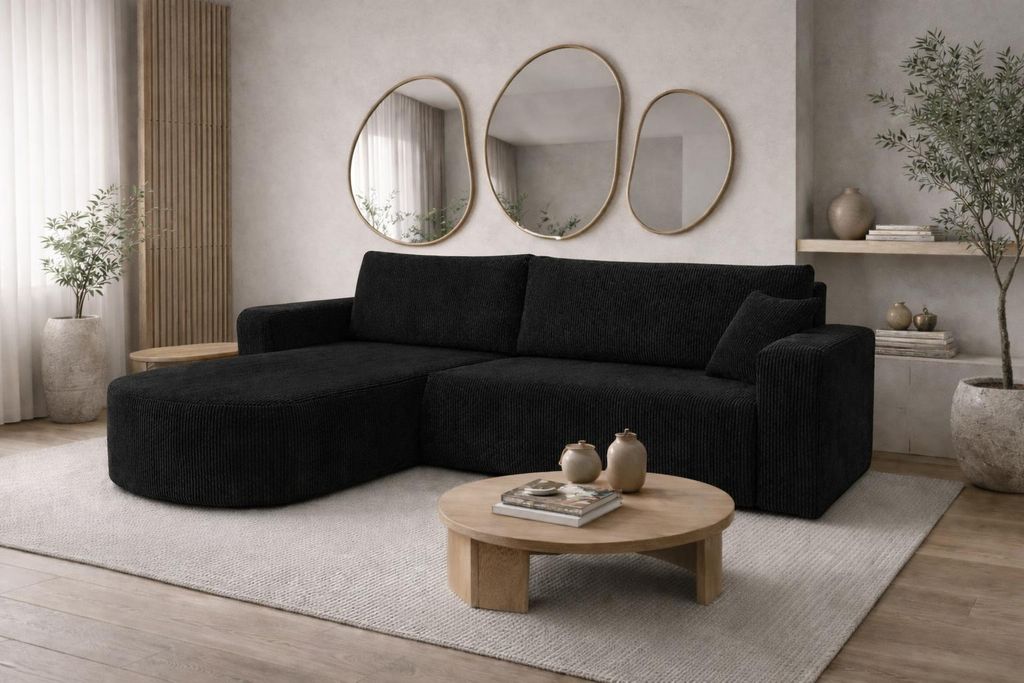 Kaiser Möbel Ecksofa mit Schlaffunktion, Cordstoff Poso, Schwarz, Links, ROUND ONE XL