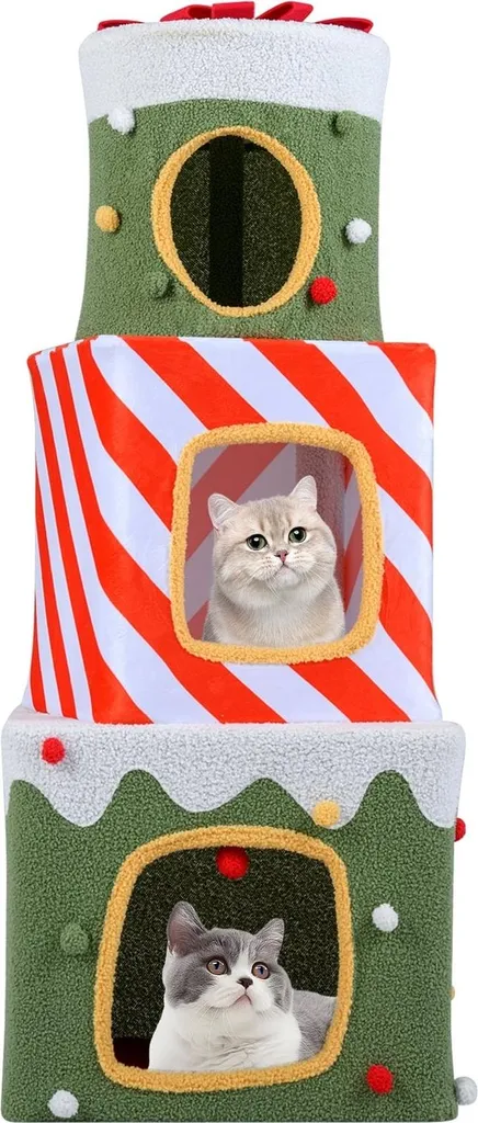 Arbre à chat de Noël 120 cm : 3 niches confortables et peluche épaisse