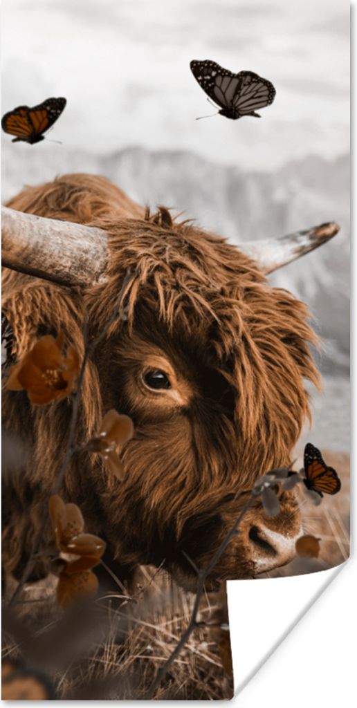 MuchoWow Poster Scottish Highlander - Schmetterlinge - Pflanzen 20x40 cm - Plakat - Foto