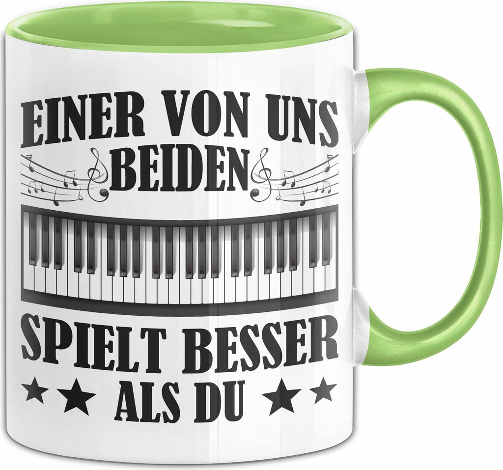 Klavier Tasse Geschenk Spruch Für Bass-Spieler Einer Von Uns Beiden Spielt Besser Als Du Becher (Grün)