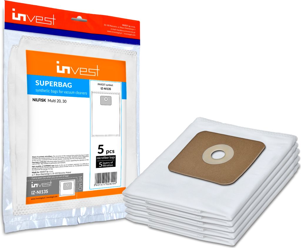Invest 5x Staubsaugerbeutel für Nilfisk Multi 20 L, 30 Nilfisk INOX 20 L